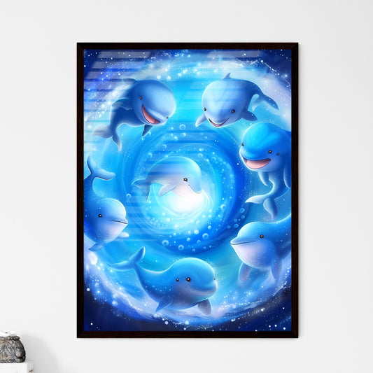 Smiling cute cartoon whales in different poses, swimming in a swirl - Art print of a group of blue dolphins in a circle Default Title