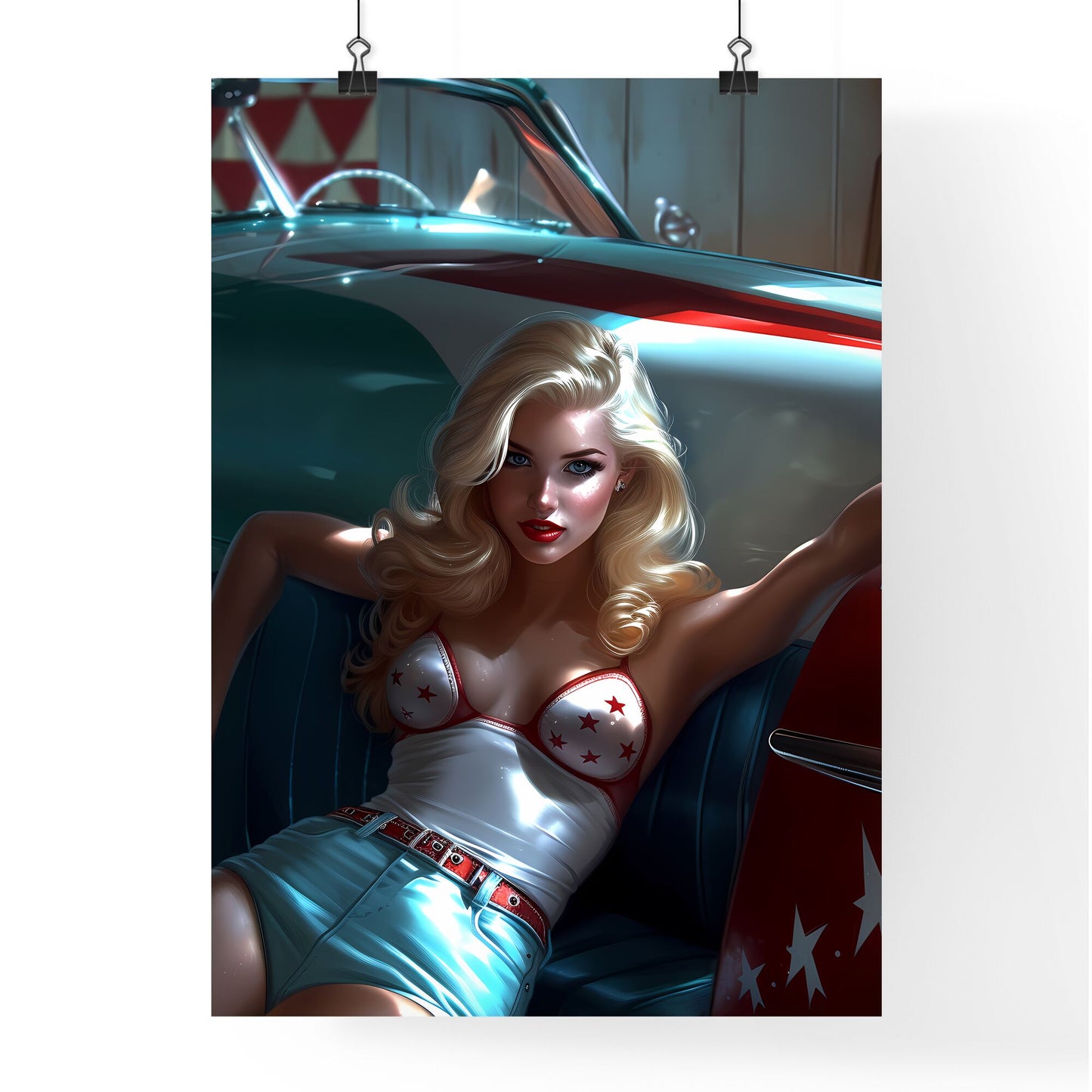 Pin up art TopEngineering Student from Cal Tech - Art print of a woman sitting in a car Default Title