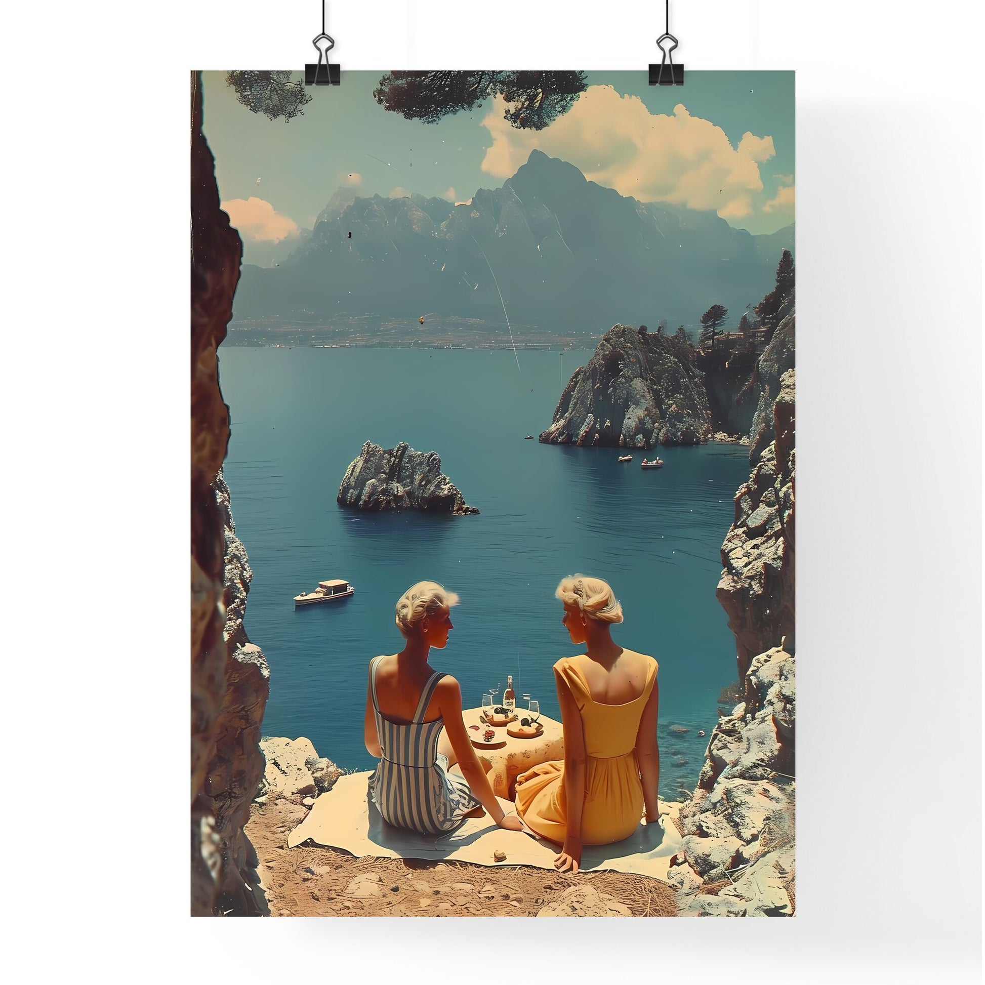 A landscape of the German countryside - Art print of two women sitting at a table overlooking a body of water Default Title
