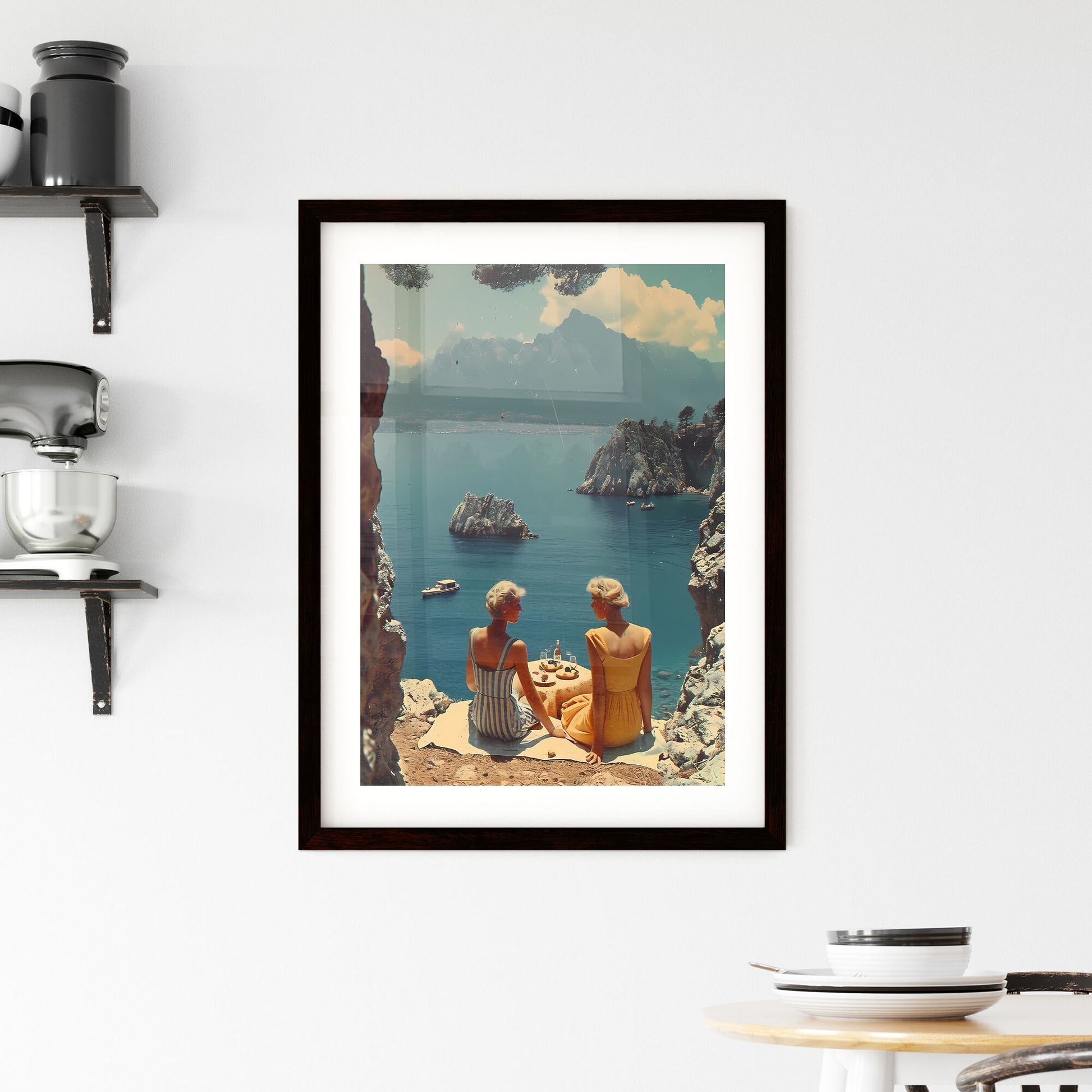 A landscape of the German countryside - Art print of two women sitting at a table overlooking a body of water Default Title