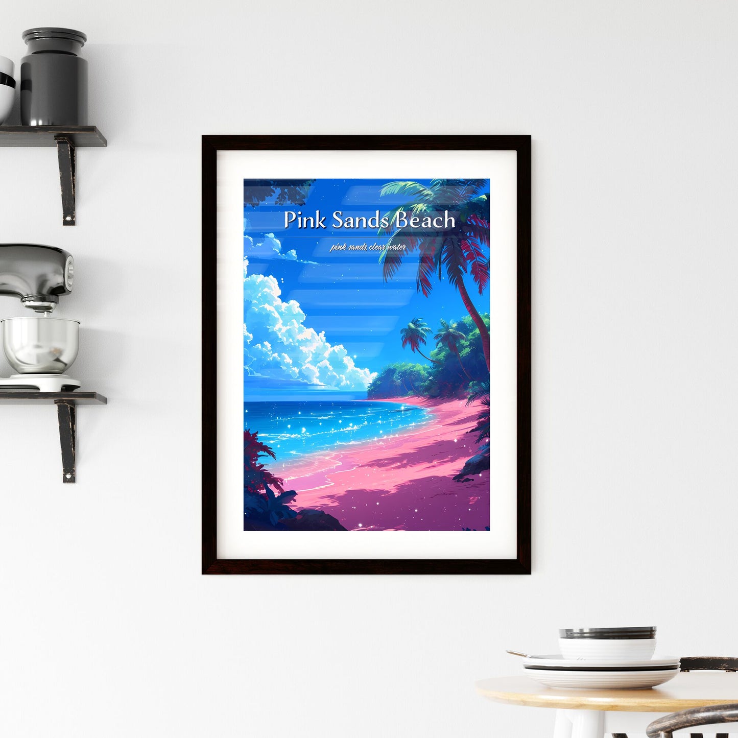 Pink Sands Beach - Art print of a beach with palm trees and blue water Default Title