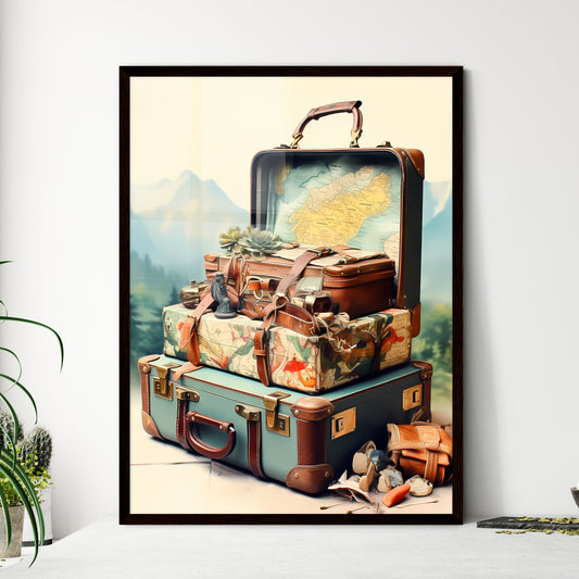 Travel abroad illustration - Art print of a stack of suitcases with a map on top Default Title