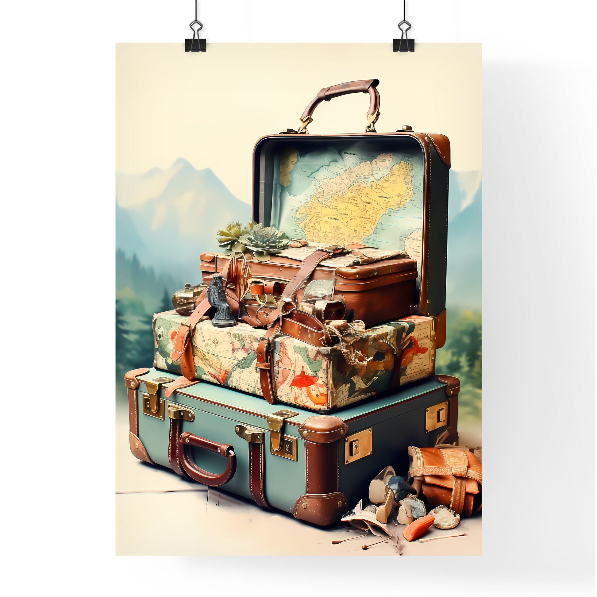 Travel abroad illustration - Art print of a stack of suitcases with a map on top Default Title