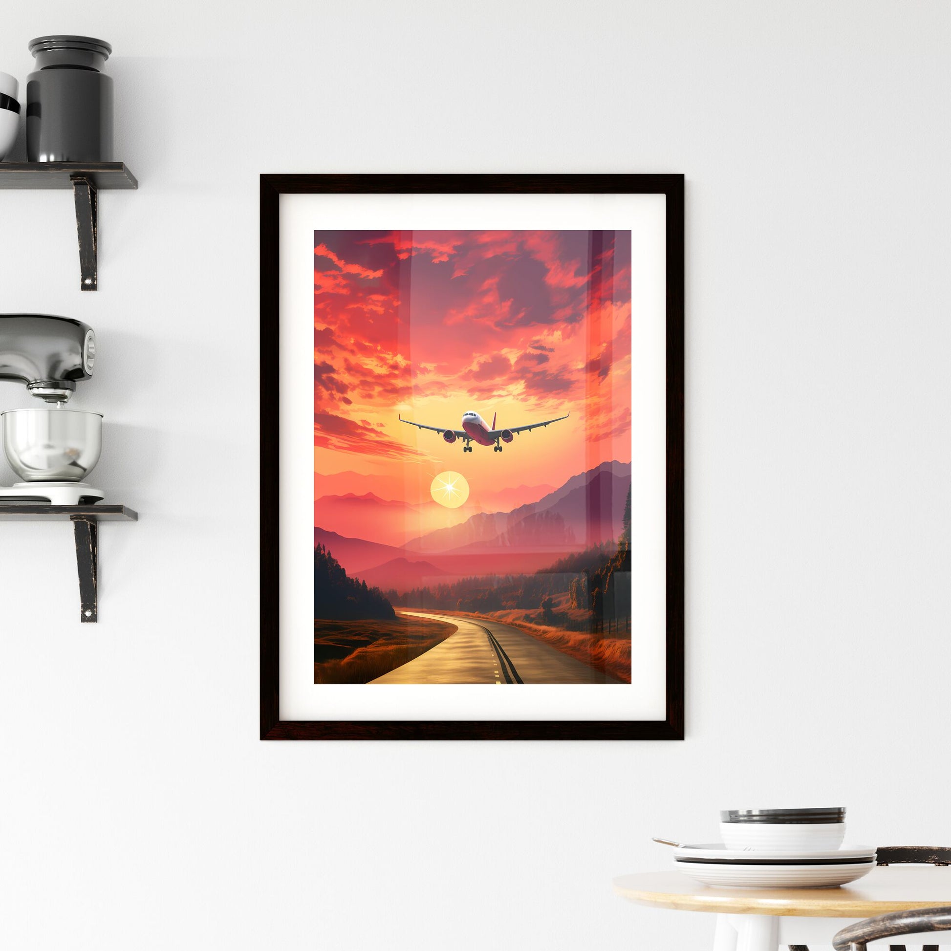 Travelling hobby poster, simple, layout, airportcore - Art print of an airplane flying over a road Default Title