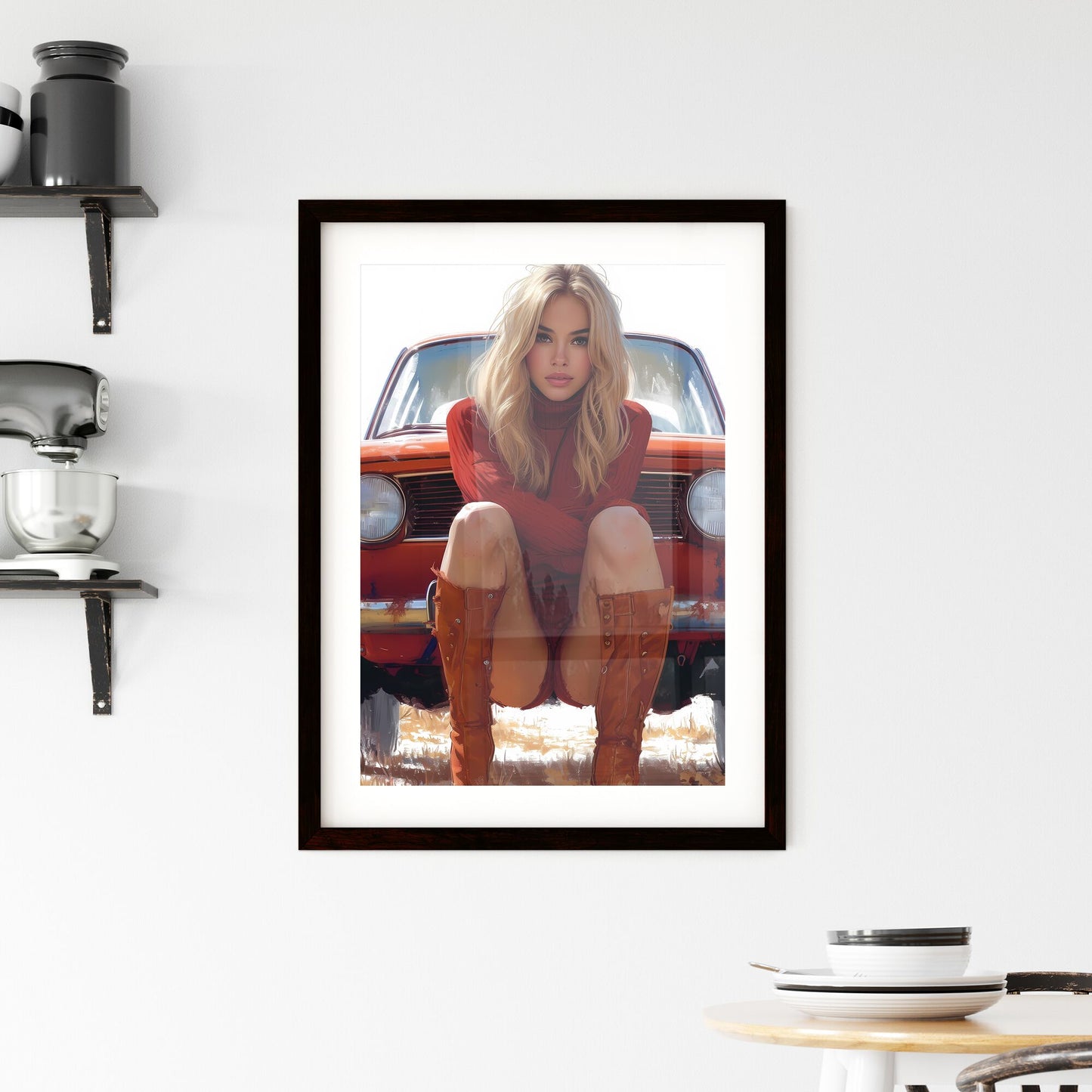Illustration of a beautiful pin up model full body - Art print of a woman sitting on the front of a car Default Title