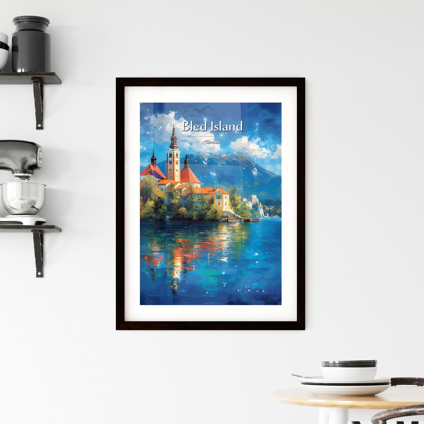 Bled Island, Slovenia - Art print of a building on a island with trees and mountains in the background Default Title