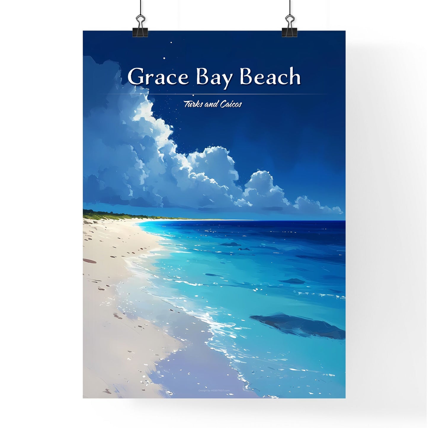 Grace Bay Beach, Turks and Caicos - Art print of a beach with blue water and clouds Default Title