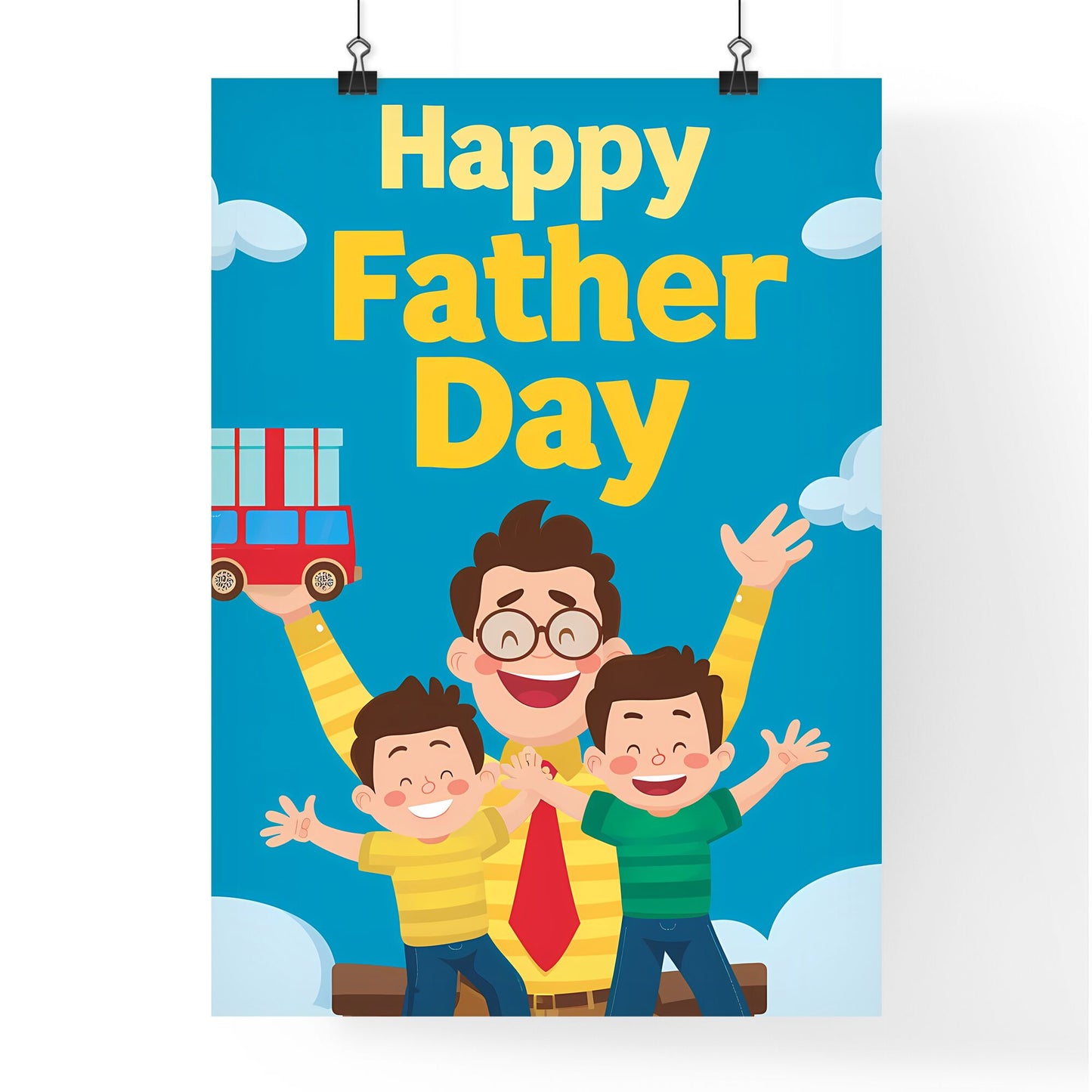 Fathers Day poster,warming feeling,Touching,with text : Happy Fatherâ€™s Day - Art print of a man and two boys holding up their hands Default Title