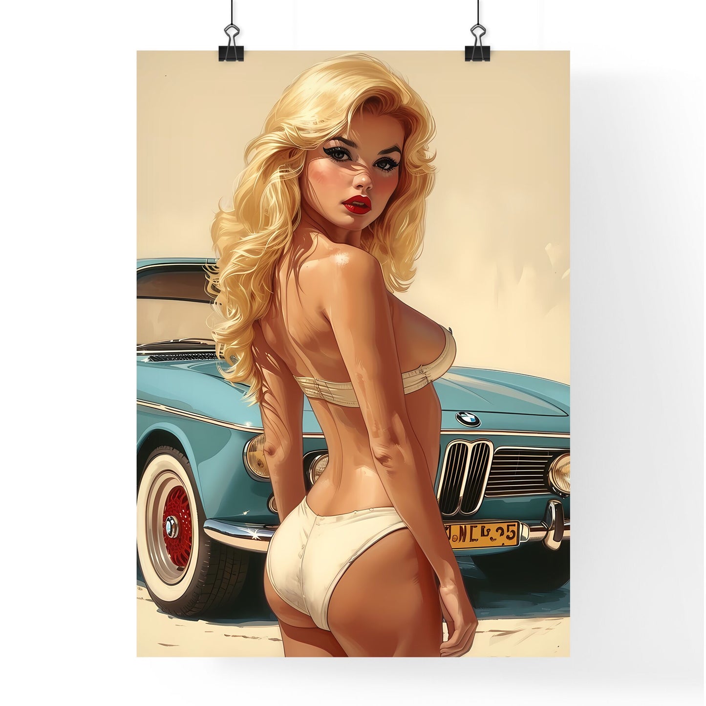 Illustration of a beautiful pin up model full body - Art print of a woman in a garment next to a car Default Title