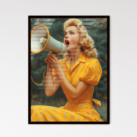 Pin up in 50s style clothes girl sitting with megafon and shouting - Art print of a woman in a yellow dress with a megaphone Default Title