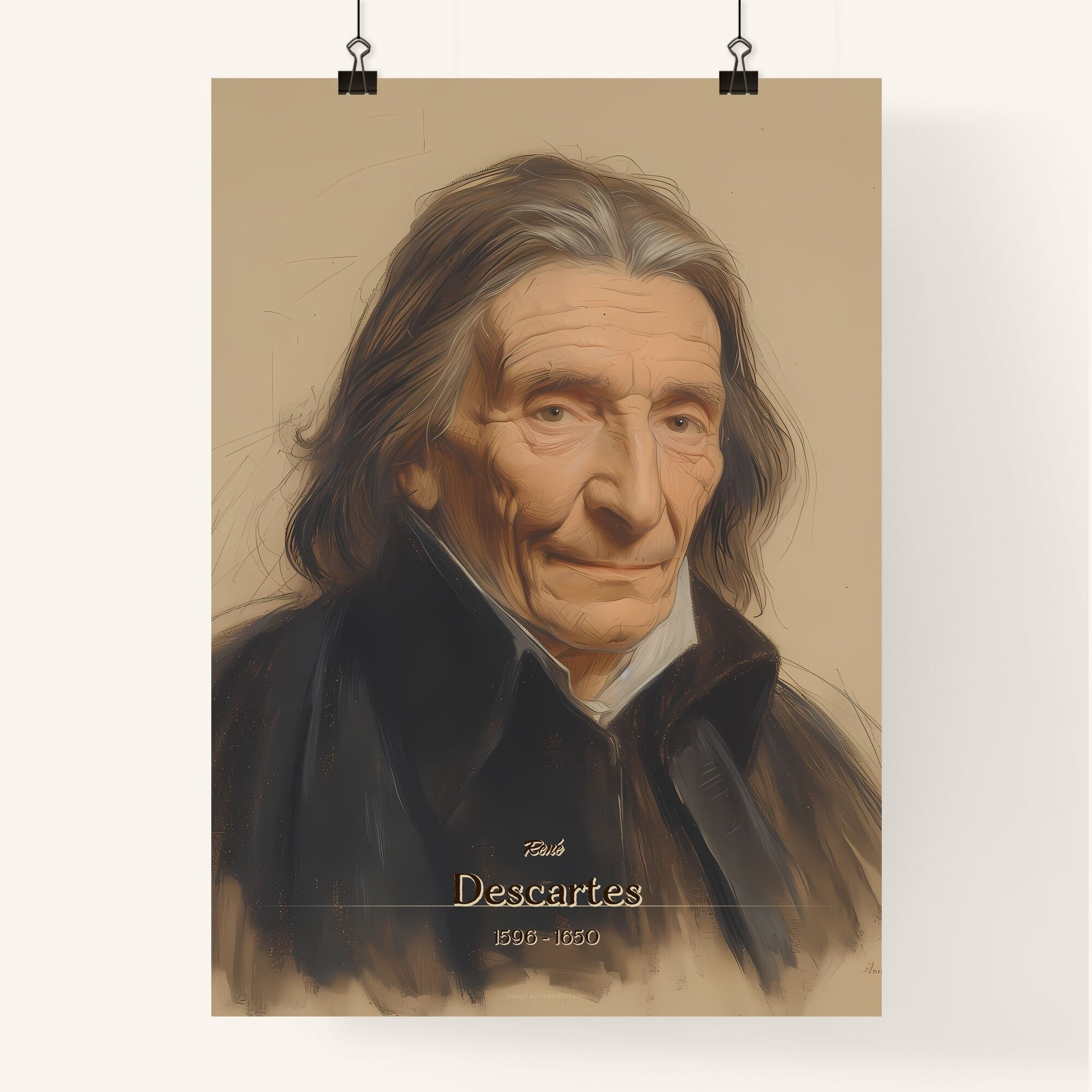 René, Descartes, 1596 - 1650, A Poster of a man with long hair wearing a black coat Default Title