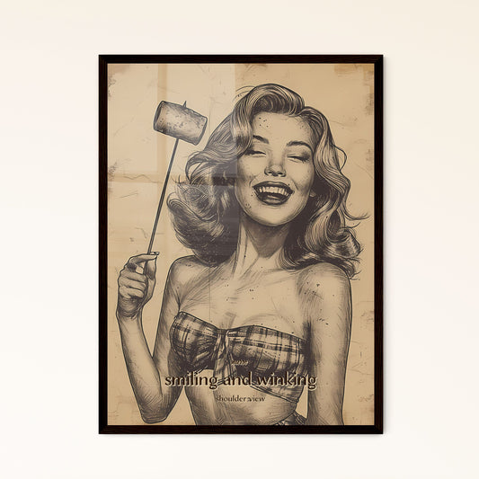 nurse, smiling and winking, shoulder view, A Poster of a woman holding a marshmallow on a stick Default Title