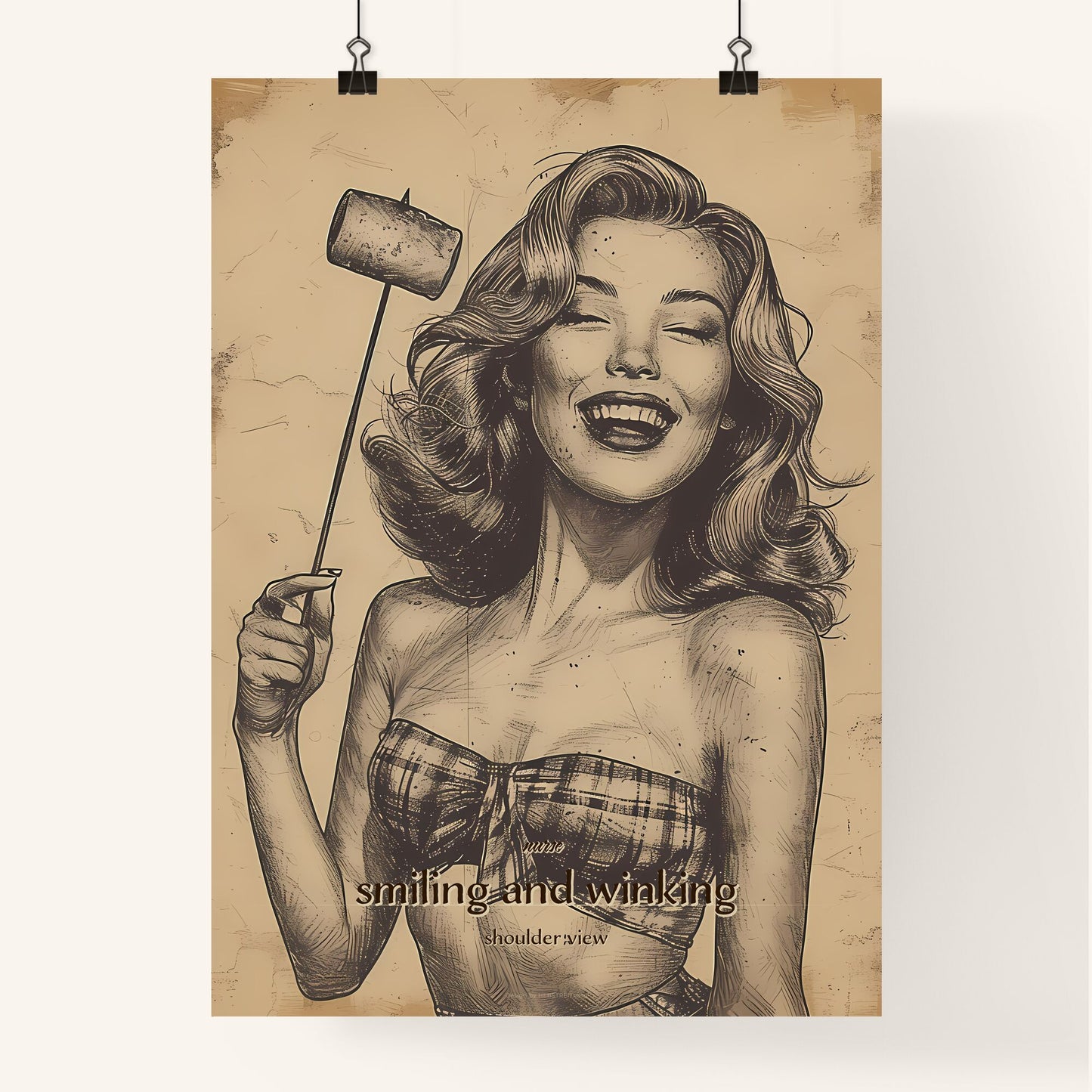 nurse, smiling and winking, shoulder view, A Poster of a woman holding a marshmallow on a stick Default Title