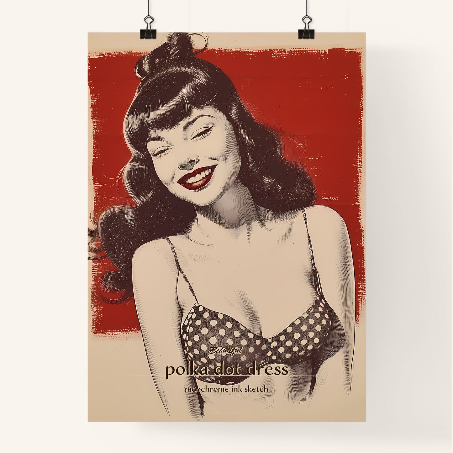 Beautiful, polka dot dress, moochrome ink sketch, A Poster of a woman in a garment Default Title