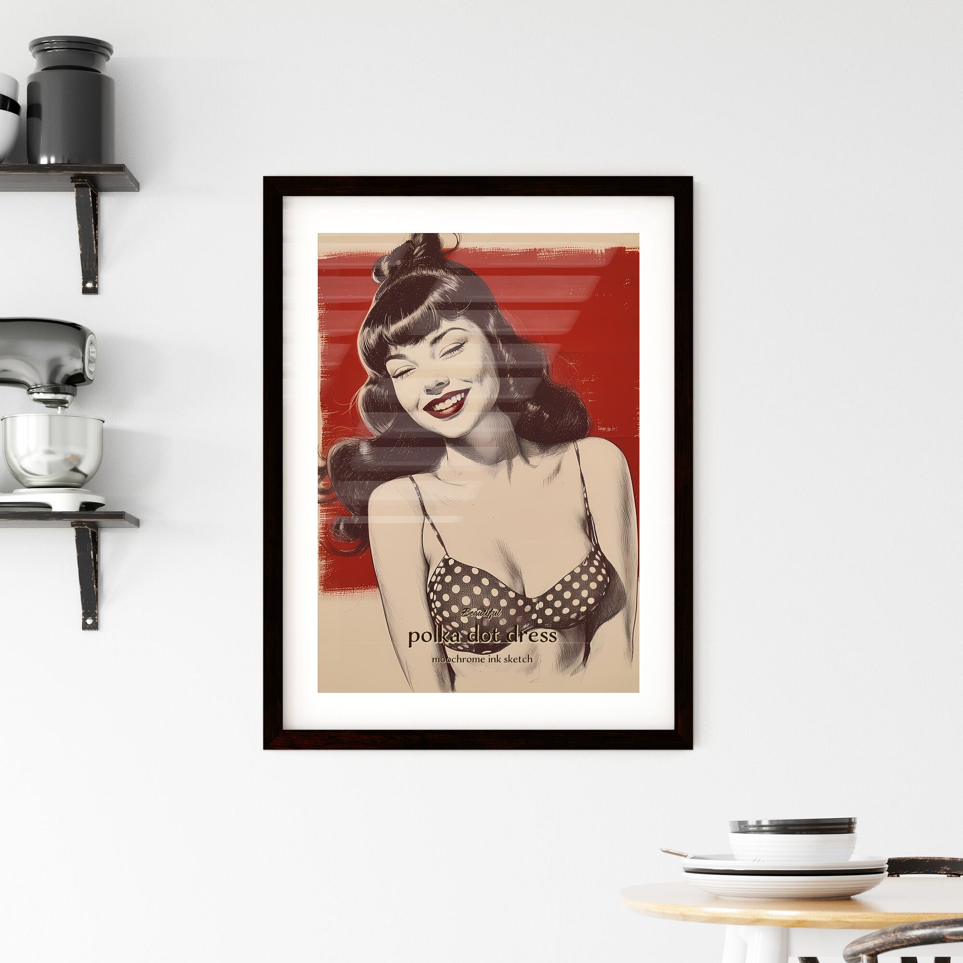 Beautiful, polka dot dress, moochrome ink sketch, A Poster of a woman in a garment Default Title