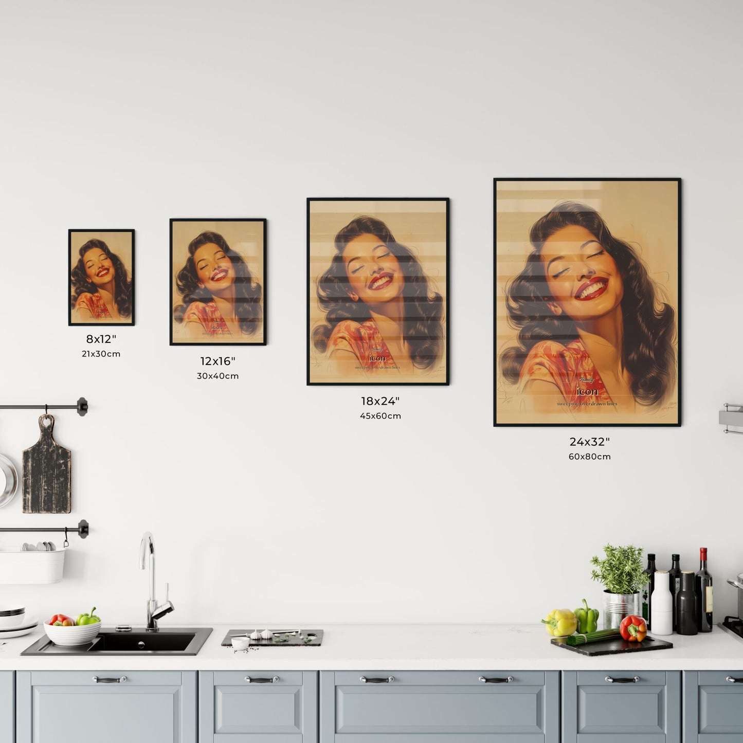 Family, icon, sweeping overdrawn lines, A Poster of a woman with long hair and red lipstick smiling Default Title