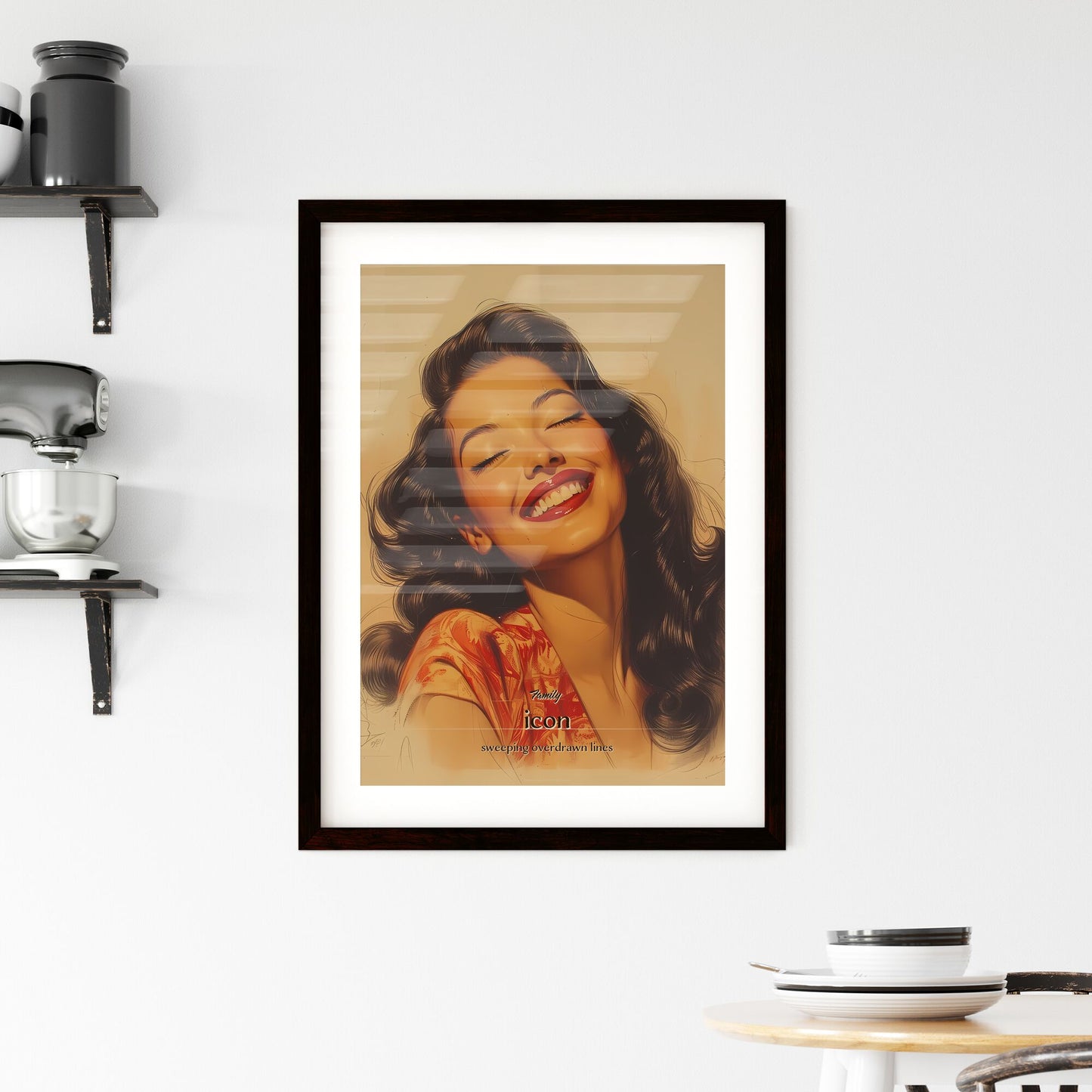 Family, icon, sweeping overdrawn lines, A Poster of a woman with long hair and red lipstick smiling Default Title