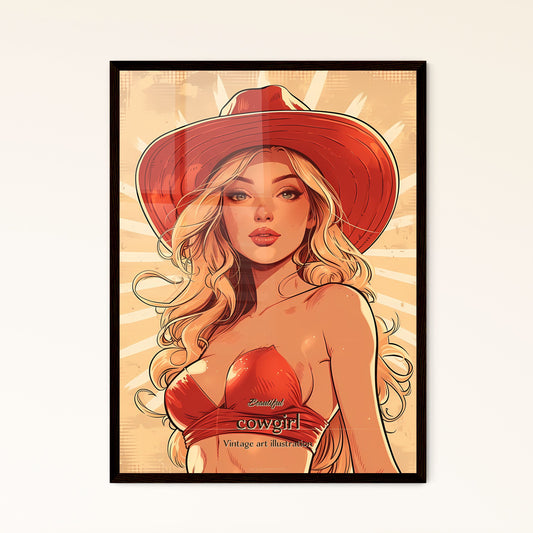 Beautiful , cowgirl, Vintage art illustration, A Poster of a woman wearing a red hat Default Title