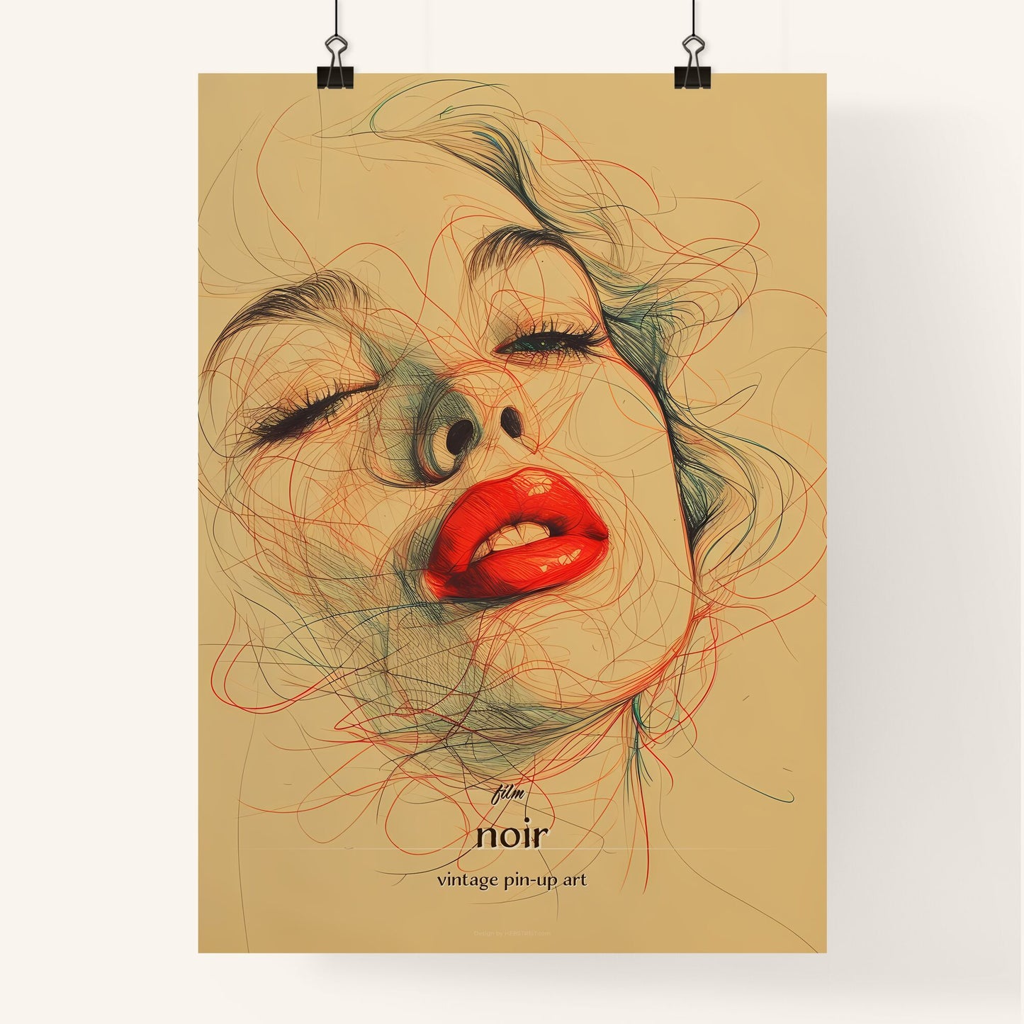 film, noir, vintage pin-up art, A Poster of a drawing of a woman_s face Default Title