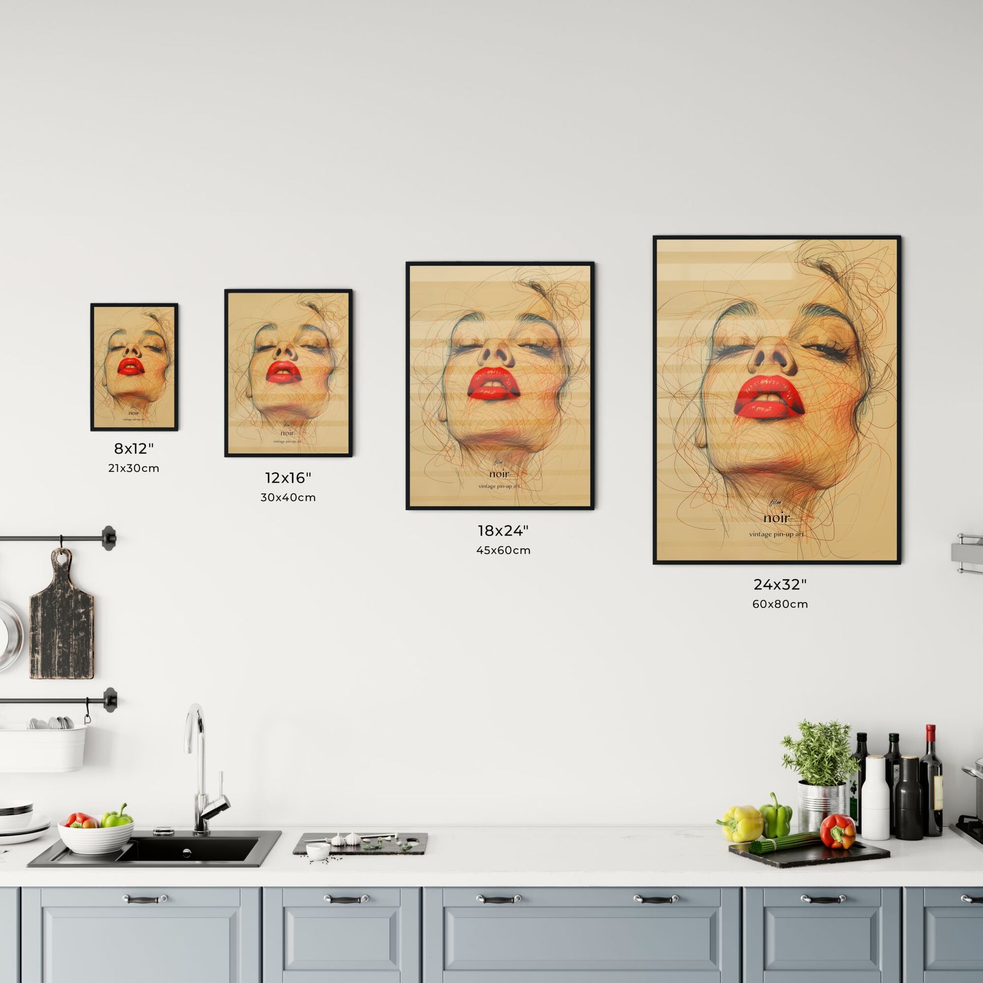 film, noir, vintage pin-up art, A Poster of a woman with red lips and red lipstick Default Title