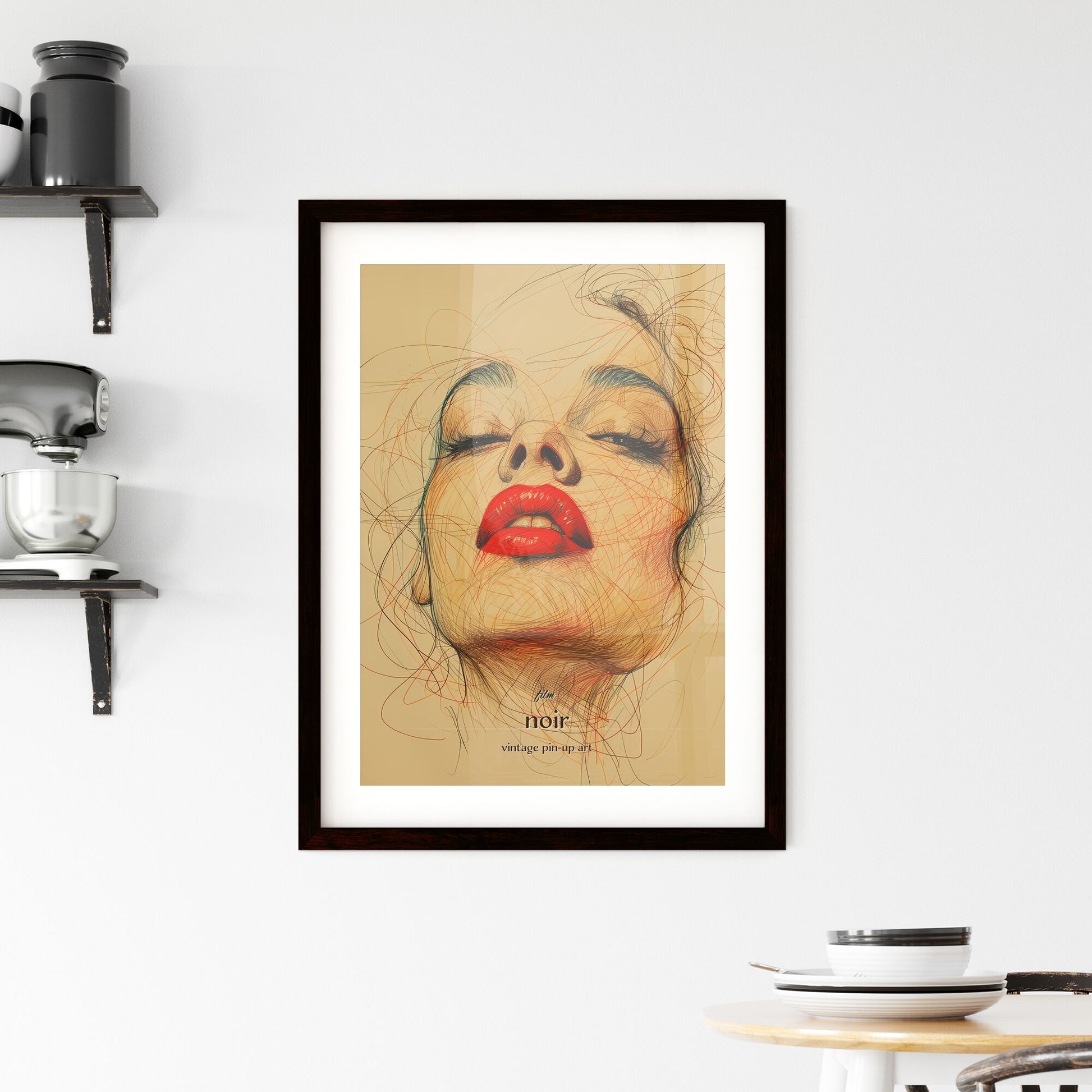 film, noir, vintage pin-up art, A Poster of a woman with red lips and red lipstick Default Title