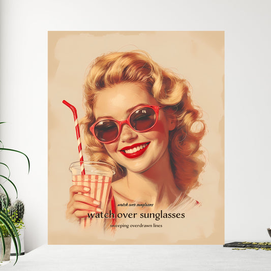 watch over sunglasses, watch over sunglasses, sweeping overdrawn lines, A Poster of a woman wearing sunglasses and holding a straw Default Title