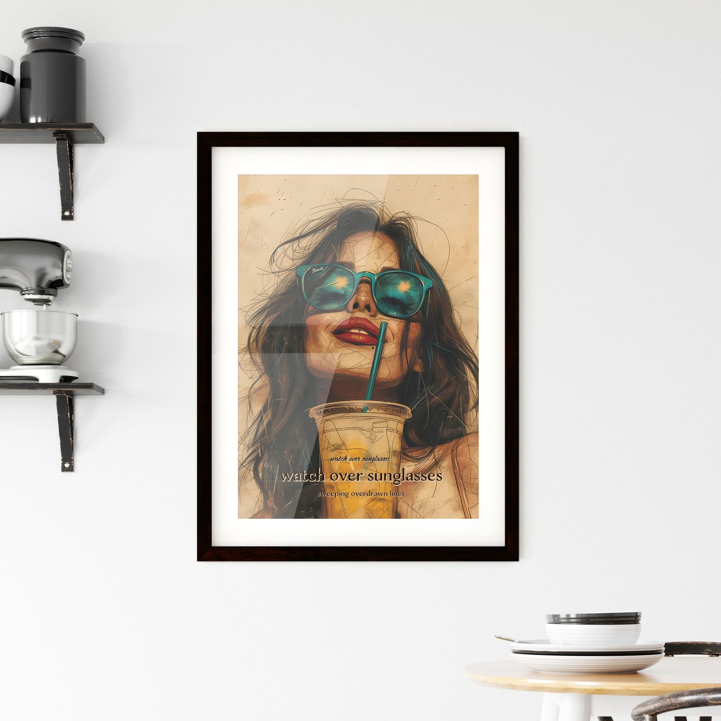 watch over sunglasses, watch over sunglasses, sweeping overdrawn lines, A Poster of a woman wearing sunglasses and drinking from a plastic cup Default Title
