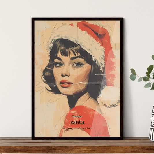 Beautiful , santa, sweeping overdrawn lines, A Poster of a woman wearing a santa hat Default Title