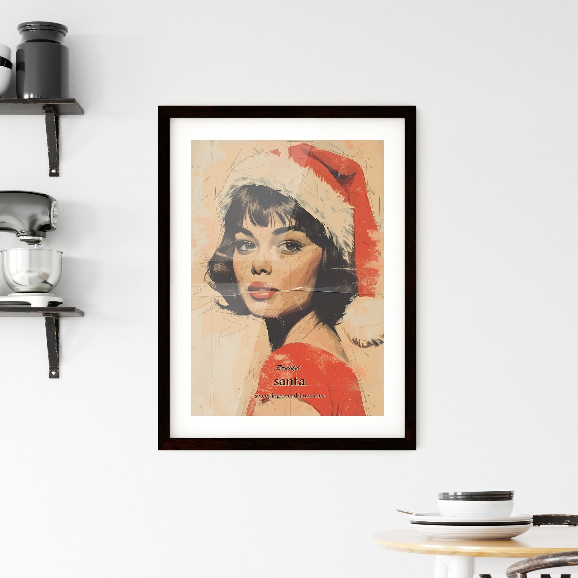 Beautiful , santa, sweeping overdrawn lines, A Poster of a woman wearing a santa hat Default Title