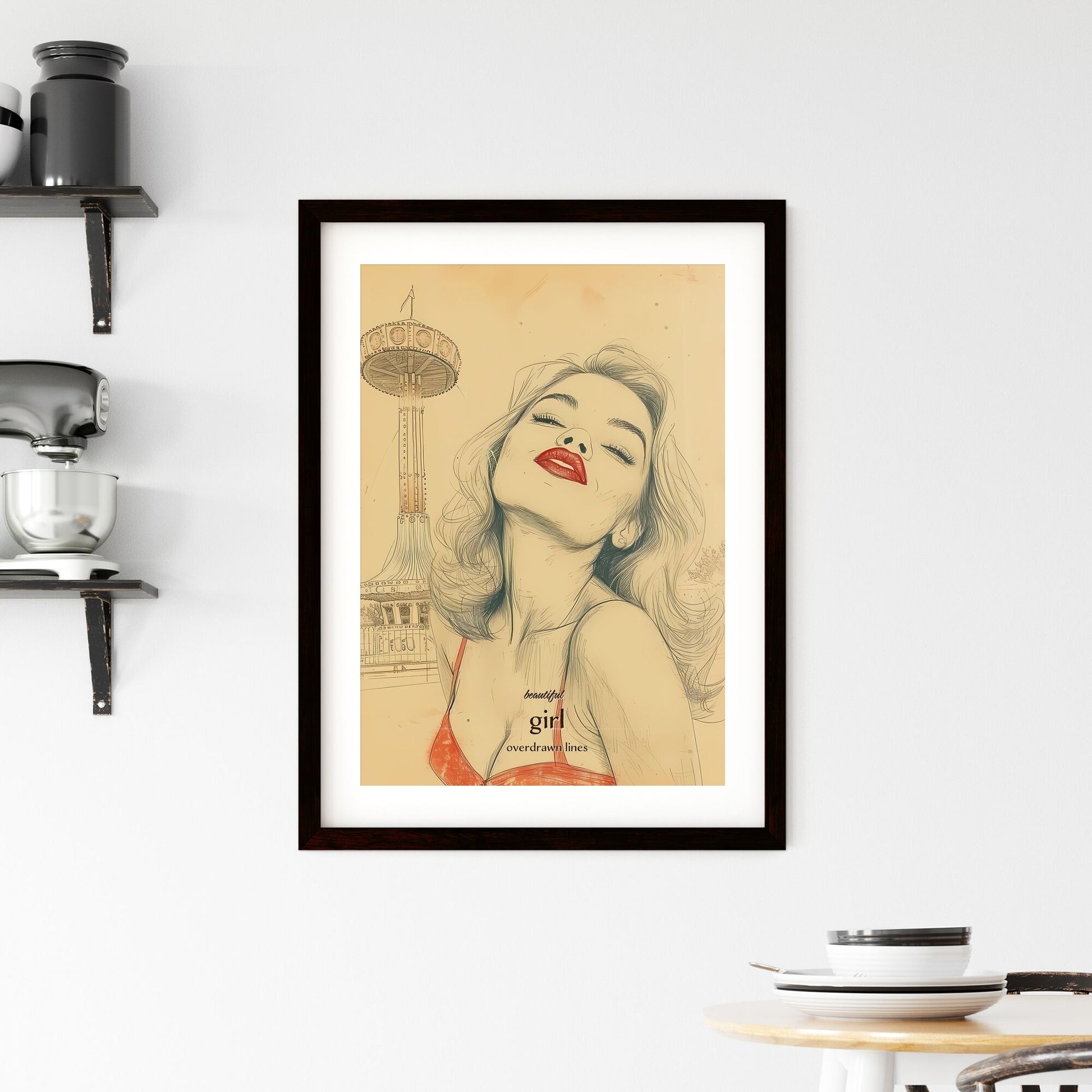beautiful , girl, overdrawn lines, A Poster of a woman with red lips and red lipstick Default Title