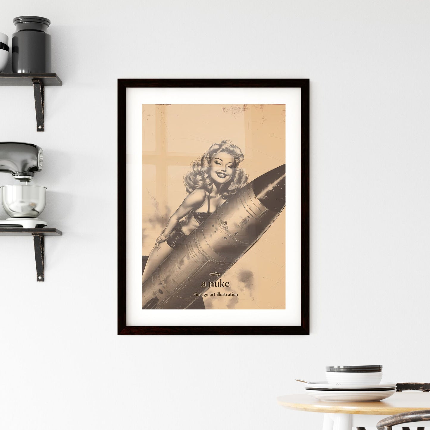 riding, a nuke, Vintage art illustration, A Poster of a woman in garment holding a rocket Default Title