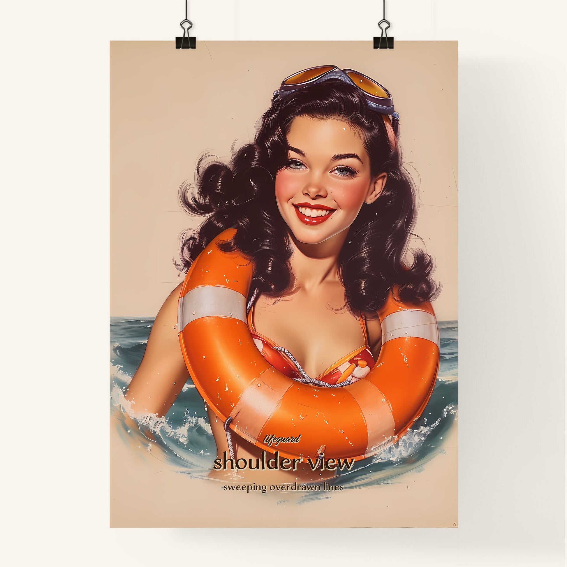 lifeguard, shoulder view, sweeping overdrawn lines, A Poster of a woman in a swimsuit with an orange life buoy Default Title