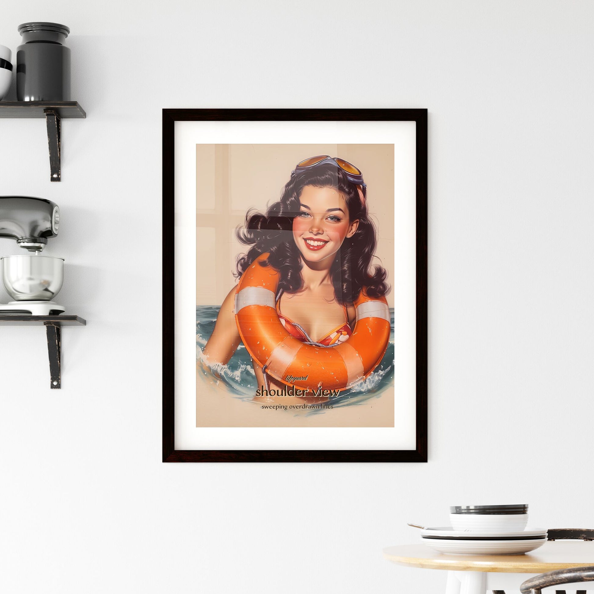 lifeguard, shoulder view, sweeping overdrawn lines, A Poster of a woman in a swimsuit with an orange life buoy Default Title
