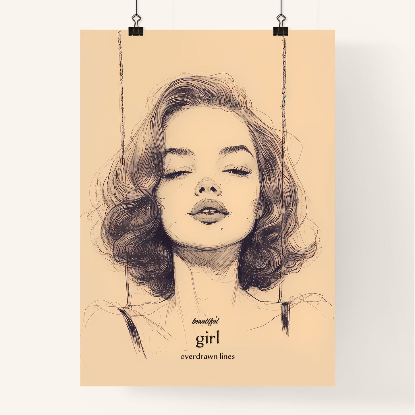 beautiful , girl, overdrawn lines, A Poster of a drawing of a woman with her eyes closed Default Title