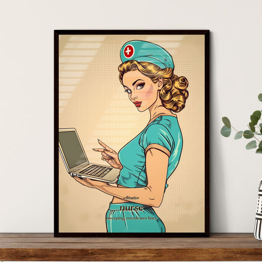Attentive, nurse, sweeping overdrawn lines, A Poster of a woman in a nurse uniform holding a laptop Default Title