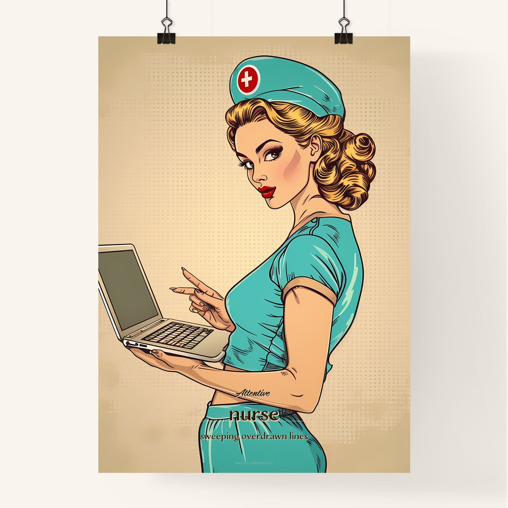Attentive, nurse, sweeping overdrawn lines, A Poster of a woman in a nurse uniform holding a laptop Default Title