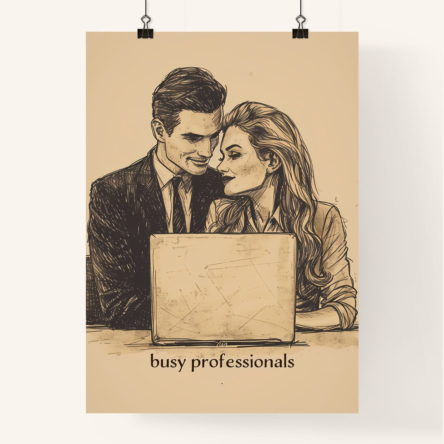 Two, busy professionals, A Poster of a man and woman sitting at a table with a laptop Default Title