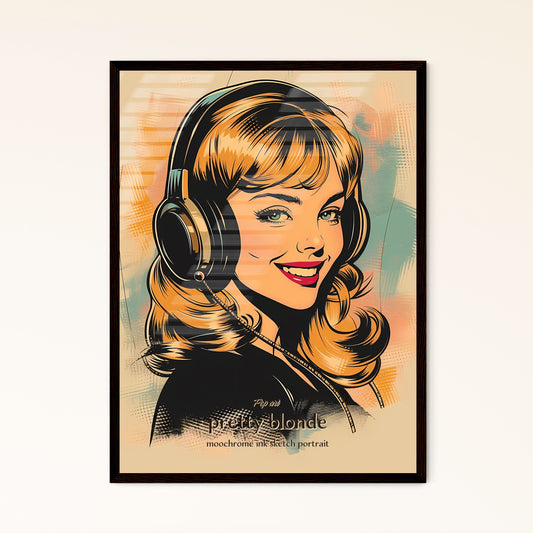 Pop art, pretty blonde, moochrome ink sketch portrait, A Poster of a woman wearing headphones Default Title