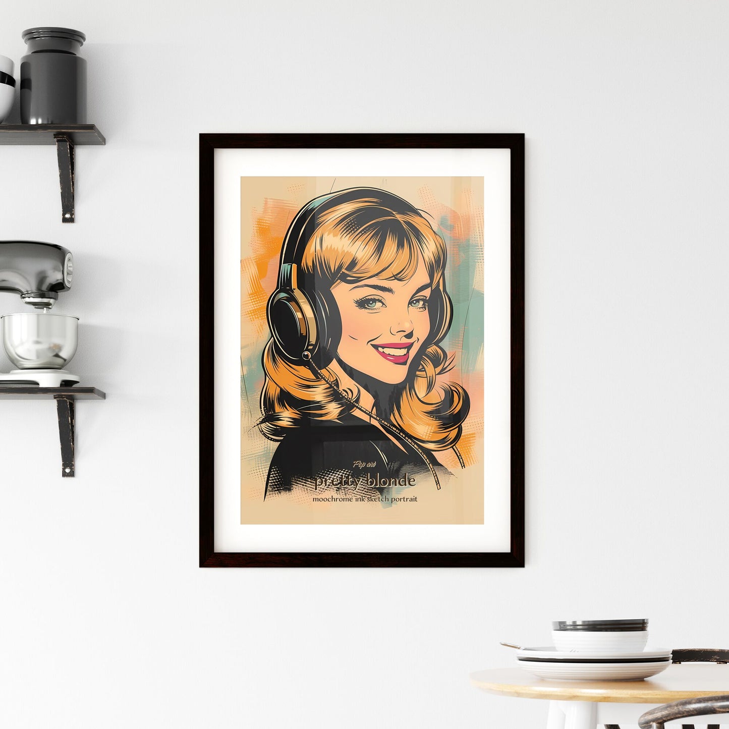 Pop art, pretty blonde, moochrome ink sketch portrait, A Poster of a woman wearing headphones Default Title