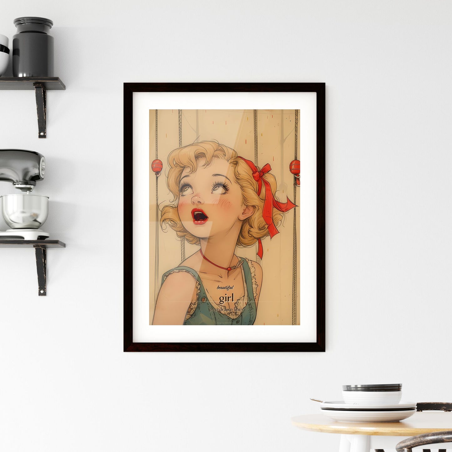 beautiful , girl, overdrawn lines, A Poster of a cartoon of a woman looking up Default Title