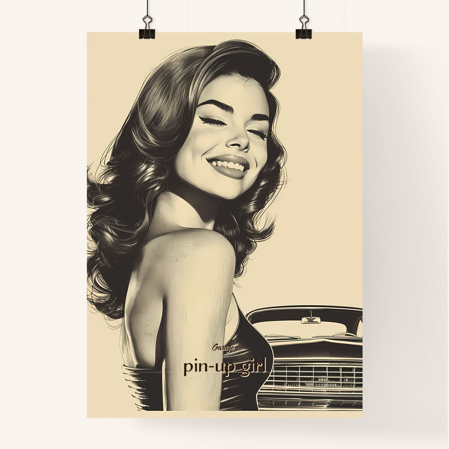 Garage, pin-up girl, A Poster of a woman with long hair and a car Default Title