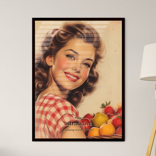Happy, attracttive, sweeping overdrawn lines, A Poster of a woman smiling with a basket of fruit Default Title