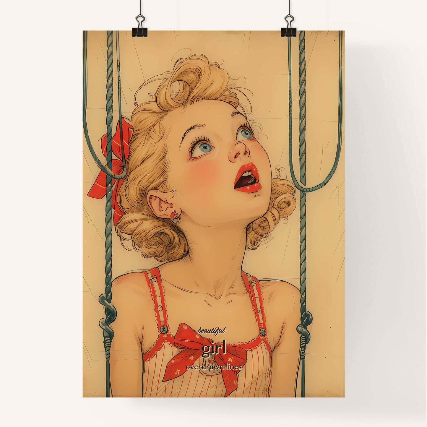 beautiful , girl, overdrawn lines, A Poster of a girl looking up at rope Default Title