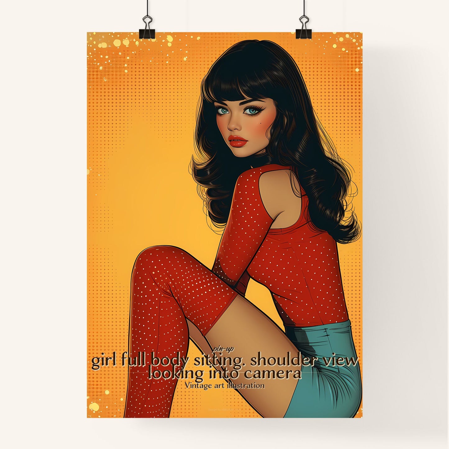 pin-up, girl full body sitting, Vintage art illustration, A Poster of a woman in a red shirt Default Title