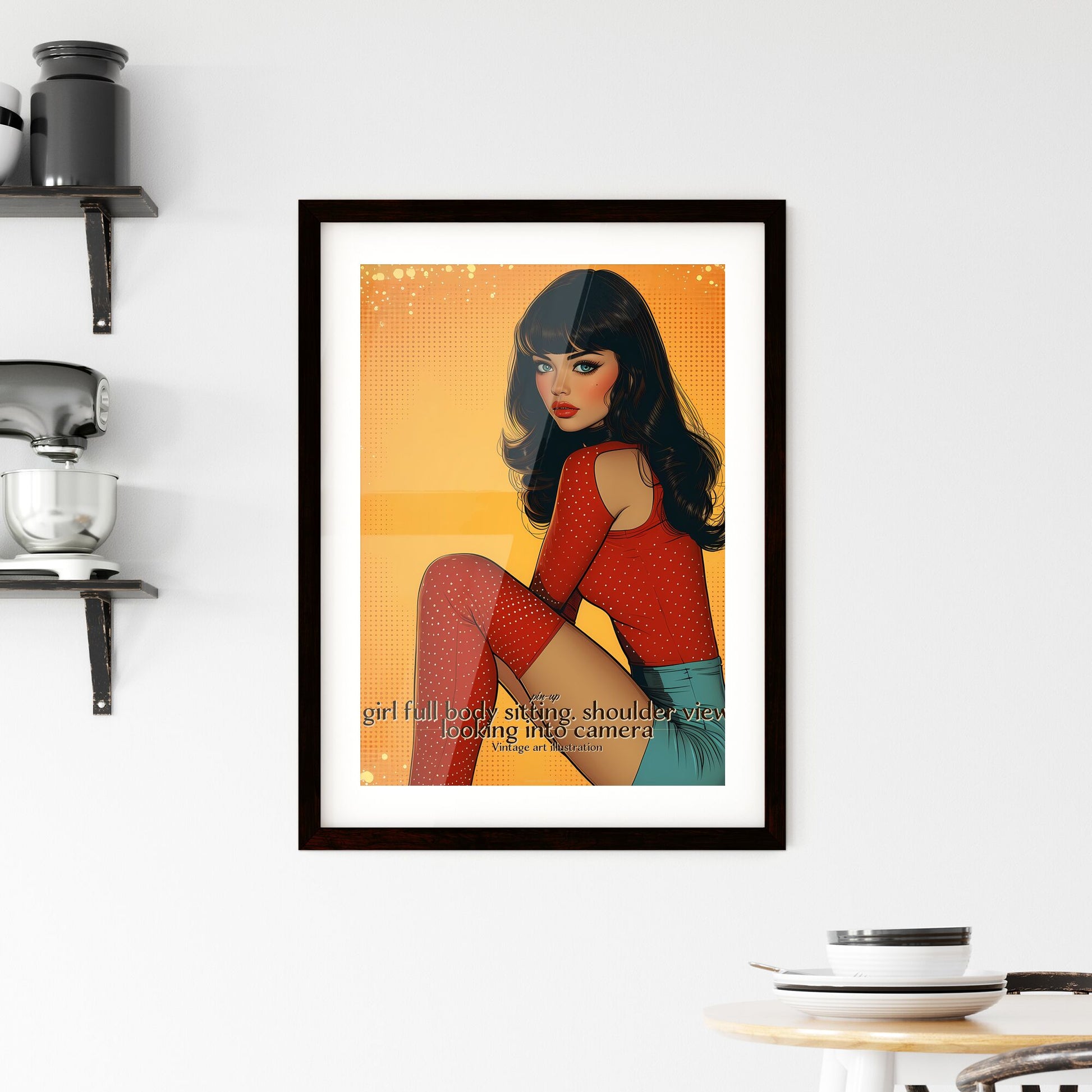 pin-up, girl full body sitting, Vintage art illustration, A Poster of a woman in a red shirt Default Title
