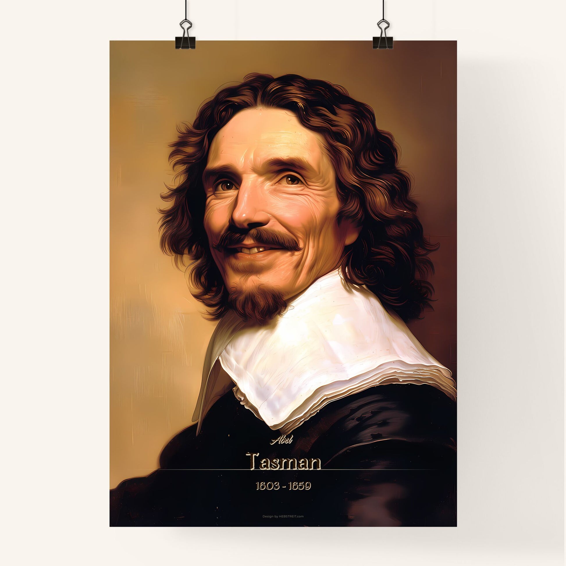 Abel, Tasman, 1603 - 1659, A Poster of a man with long curly hair and a white collar Default Title