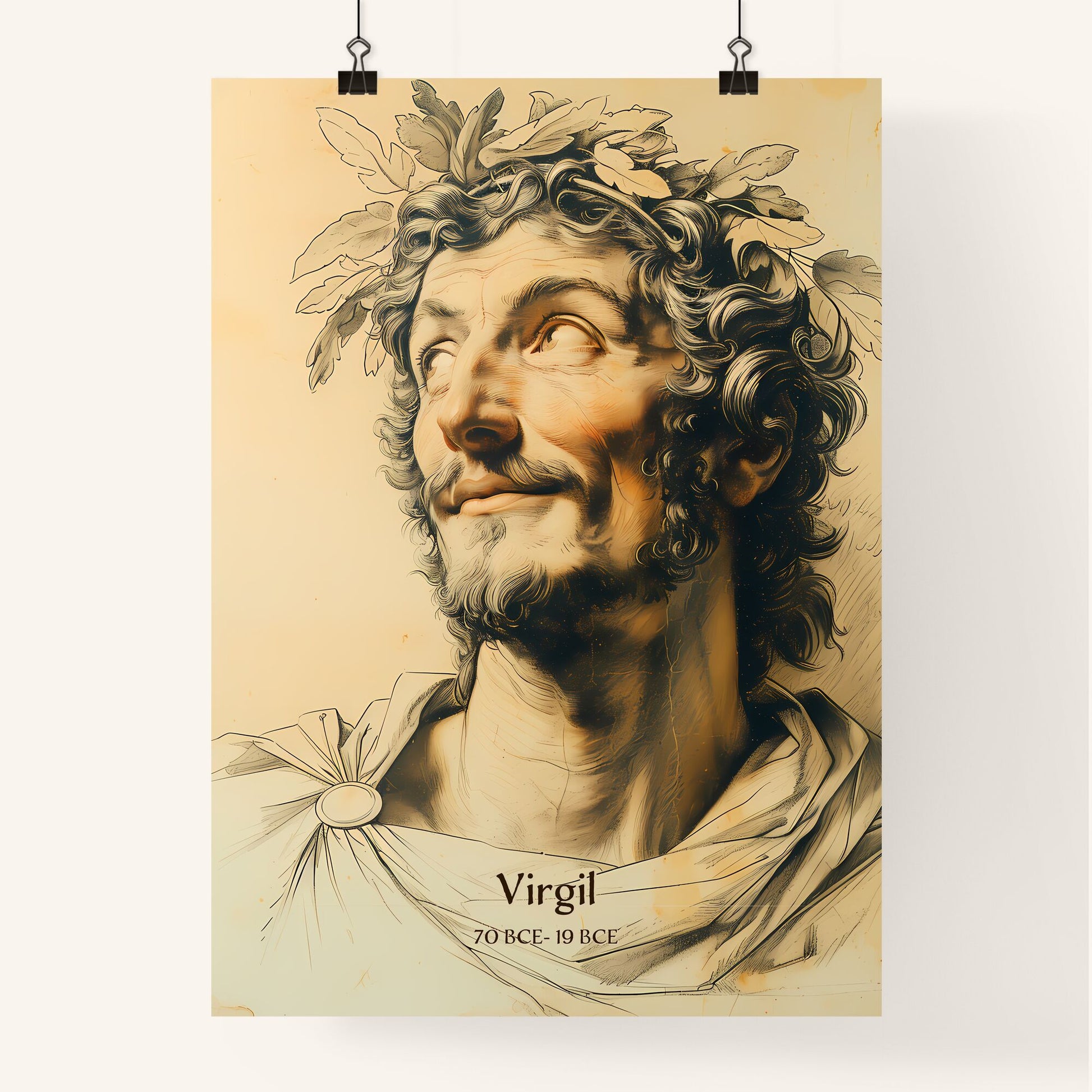 Virgil, 70 BCE- 19 BCE, A Poster of a drawing of a man with a beard and a crown of leaves Default Title
