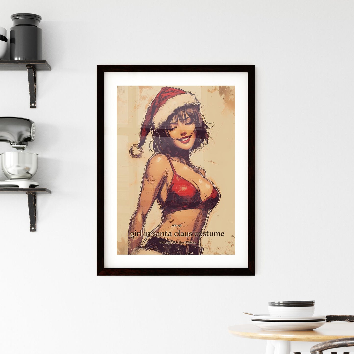 pin-up, girl in santa claus costume, Vintage art illustration, A Poster of a woman wearing a santa hat Default Title