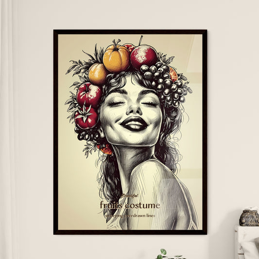 Beautiful, fruits costume, sweeping overdrawn lines, A Poster of a woman with fruits on her head Default Title