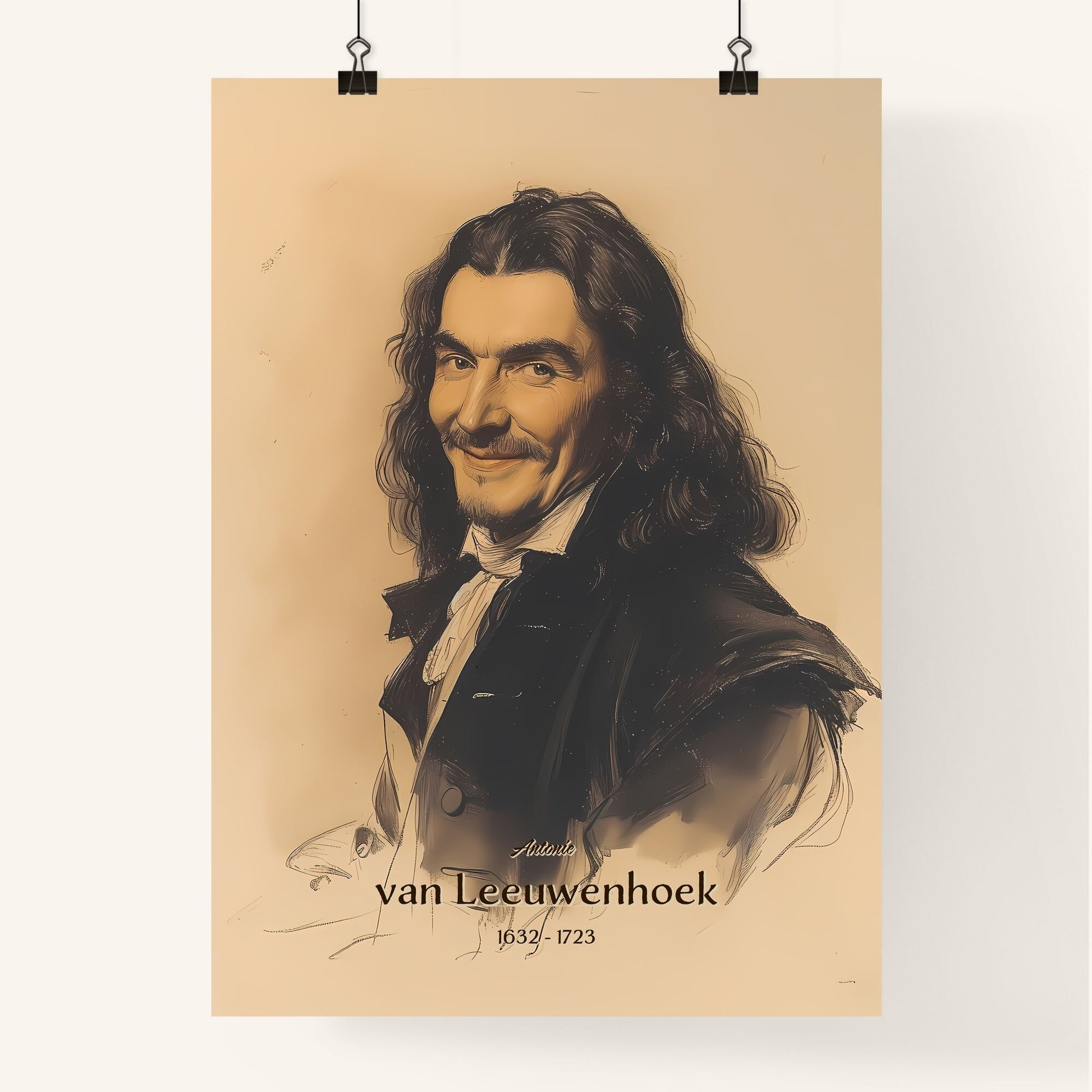 Antonie, van Leeuwenhoek, 1632 - 1723, A Poster of a man with long hair and a mustache Default Title